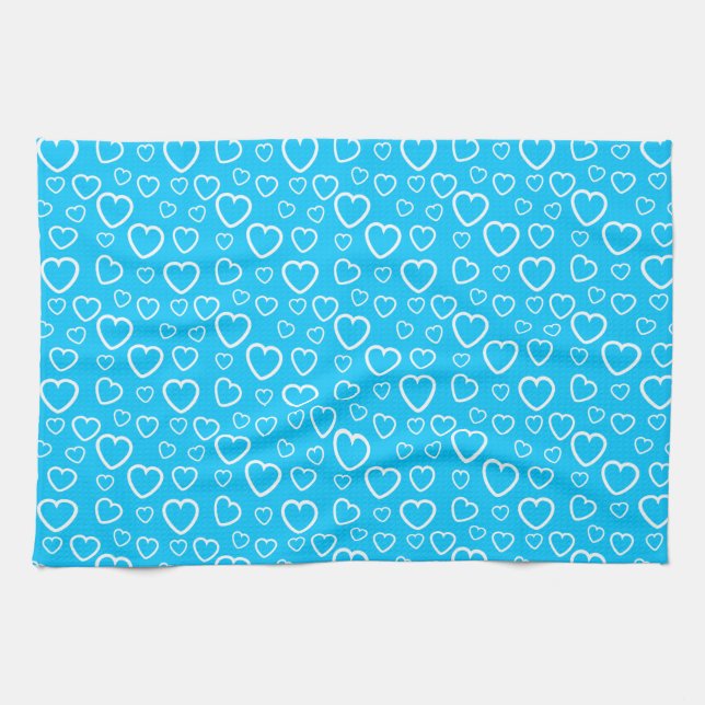 Mid Blue and White Love Hearts Pattern Tea Towel (Horizontal)