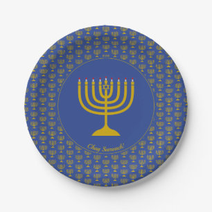 Mid Blue Hanukkah Customisable MENORAH Paper Plate