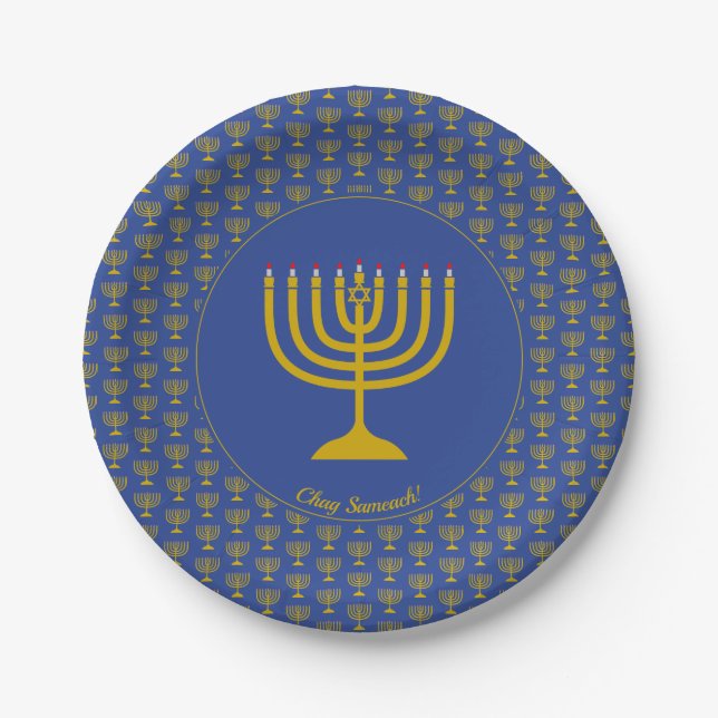 Mid Blue Hanukkah Customisable MENORAH Paper Plate (Front)