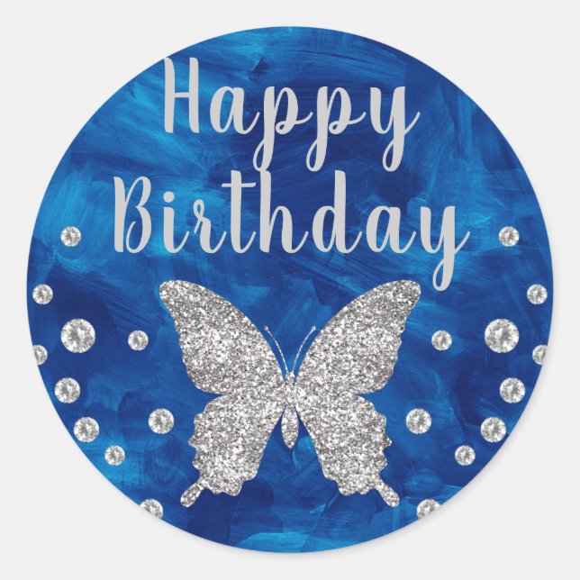 Mid Blue paintbrush Silver Butterfly Birthday Classic Round Sticker (Front)