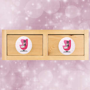 Mid Centrury Cats Green Yellow Eyes Pink Chair Dot Ceramic Knob
