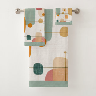 Mid centrury Teal, gold and pink abstract Bath Towel Set