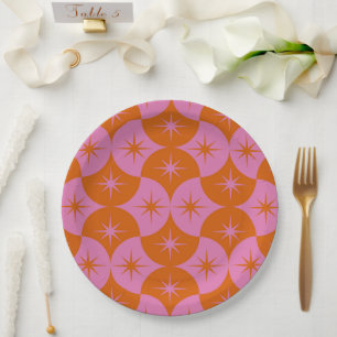 Mid Centruy Starbursts on Pink Orange Scallop Paper Plate