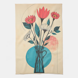 Mid-century Abstract Floral Still Life Aqua Coral Tea Towel