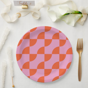 Mid Century Abstract Orange Semi Circles on Pink  Paper Plate