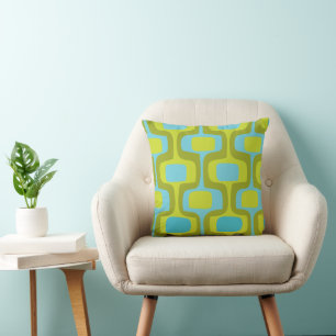 Mid-Century Aqua and Chartreuse Retro Pattern Cushion