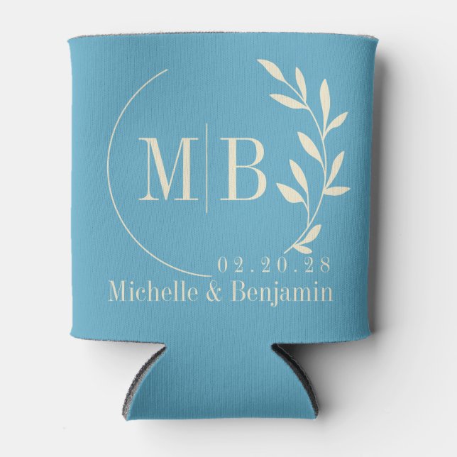 Mid-Century Aqua Sky Leaf Wedding Monogram Can Cooler (Front)