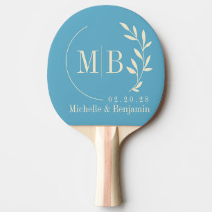 Mid-Century Aqua Sky Leaf Wedding Monogram Ping Pong Paddle