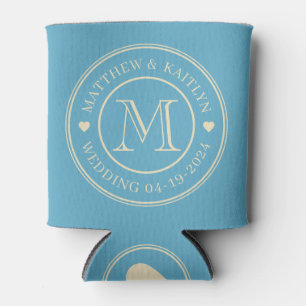 Mid-Century Aqua Sky Wedding Monogram Heart Can Cooler