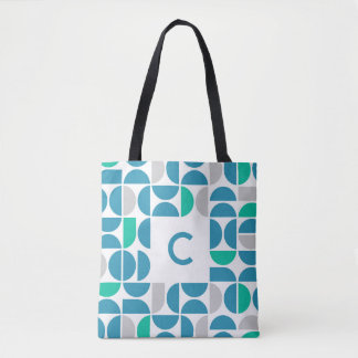 Mid Century Aquatic Tiles Monogrammed Tote Bag