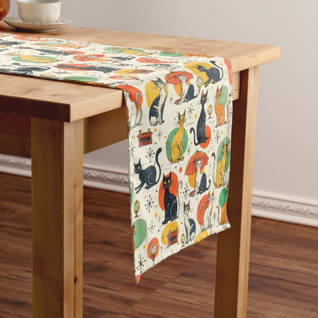 Mid-Century Atomic Age Cats Retro Pattern Short Table Runner (In Situ)