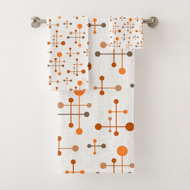 Mid Century Atomic Age Pattern 36 Orange, Brown Bath Towel Set (Insitu)