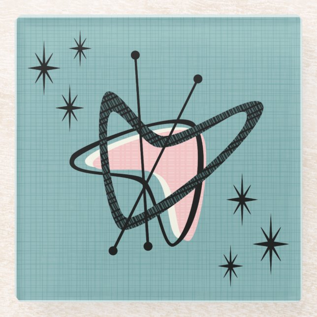 Mid Century Atomic Boomerangs and Starbursts Glass Coaster (Front)