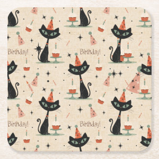 Mid-Century Atomic Cat Birthday Pattern Square Paper Coaster