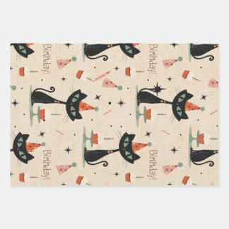 Mid-Century Atomic Cat Birthday Pattern Wrapping Paper Sheet