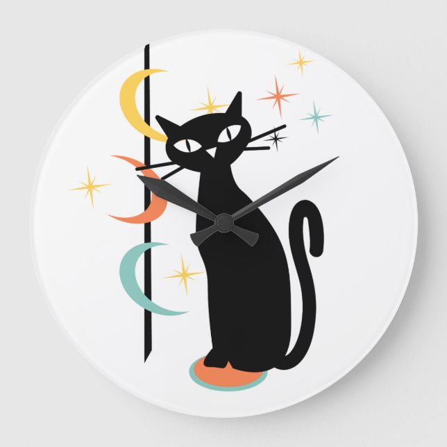 Mid Century Atomic Cat Pole with moons wall clock (Front)