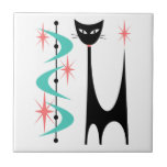 Mid Century Atomic Cat with Aqua Boomerangs Tile<br><div class="desc">My Atomic Black Cat design with Aqua Boomerangs and pink Starbursts on a white ceramic tile. All images copyright ©Donna Mibus. My Atomic Cat image is registered with the US Copyright Office. No part of him can be used or copied without permission. Please visit https://donna-mibus.pixels.com/ for more of my work....</div>