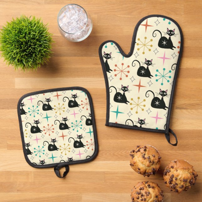 Mid Century Atomic Cat with Starbursts  Oven Mitt & Pot Holder Set (Top Down)