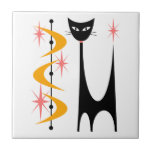 Mid Century Atomic Cat with Yellow Boomerangs Tile<br><div class="desc">My Atomic Black Cat design with Yellow Boomerangs and Pink Starbursts on a white ceramic tile. All images copyright ©Donna Mibus. My Atomic Cat image is registered with the US Copyright Office. No part of him can be used or copied without permission. Please visit https://donna-mibus.pixels.com/ for more of my work....</div>
