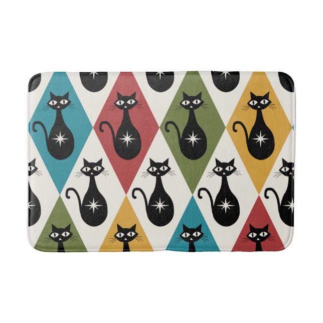 Mid Century Atomic cats on Harlequin diamonds  Bath Mat (Front)