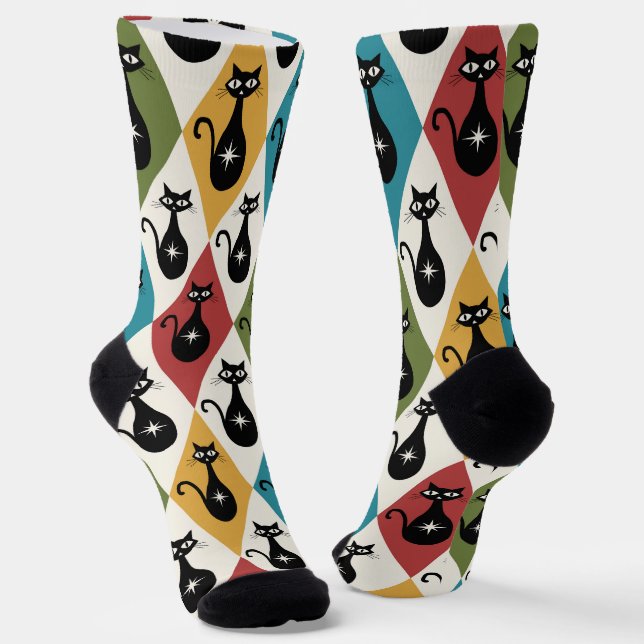 Mid Century Atomic cats on Harlequin diamonds  Socks (Angled)