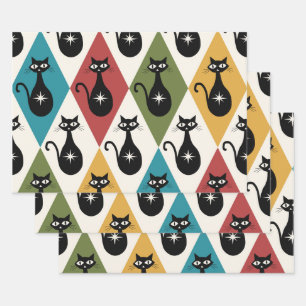 Mid Century Atomic cats on Harlequin diamonds Wrapping Paper Sheet