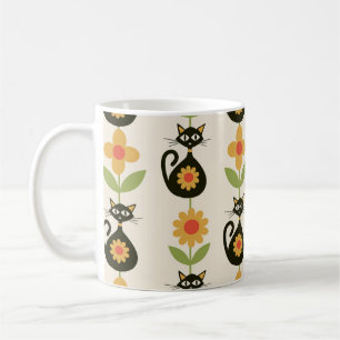 Mid Century Atomic Cats with Retro Orange flowers Coffee Mug