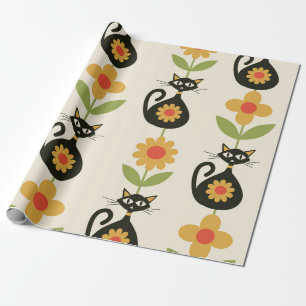 Mid Century Atomic Cats with Retro Orange flowers  Wrapping Paper