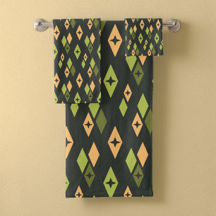 Mid Century Atomic Diamonds Pattern Green Orange Bath Towel Set