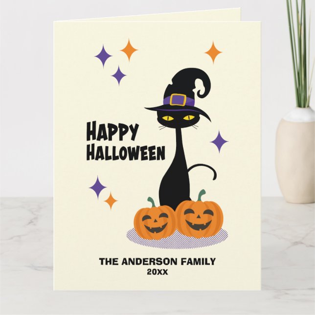 Mid-Century Atomic Halloween Cat Card (Front)