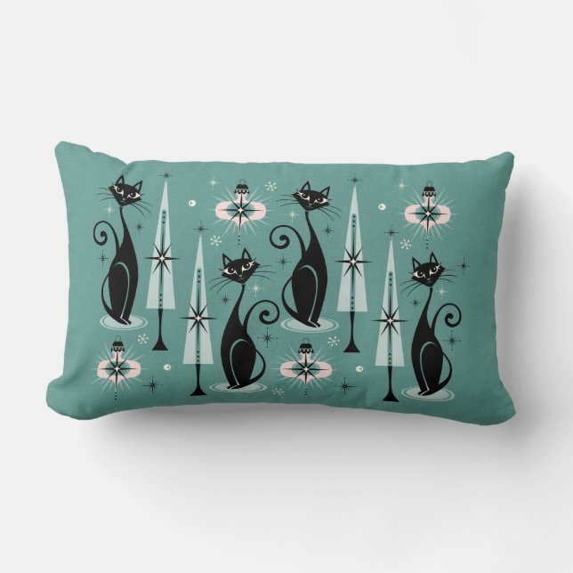 Mid Century Atomic Kitty Christmas Lumbar Cushion (Front)