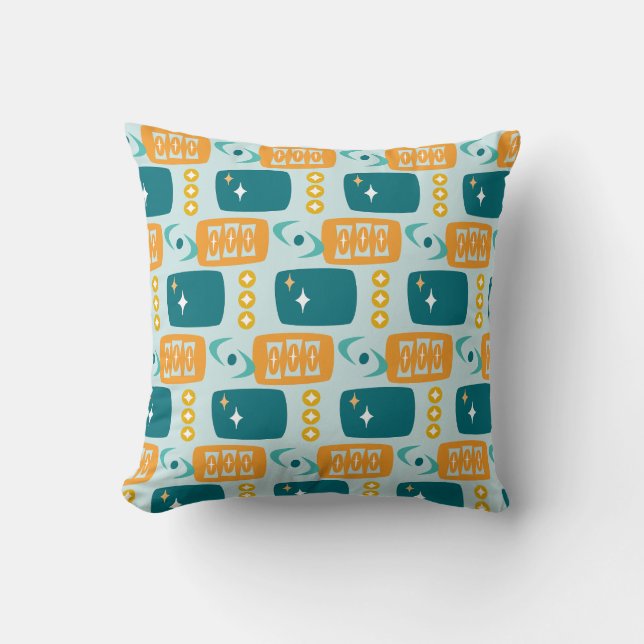 Mid Century Atomic Pattern in Aqua, Orange, Teal Cushion (Front)