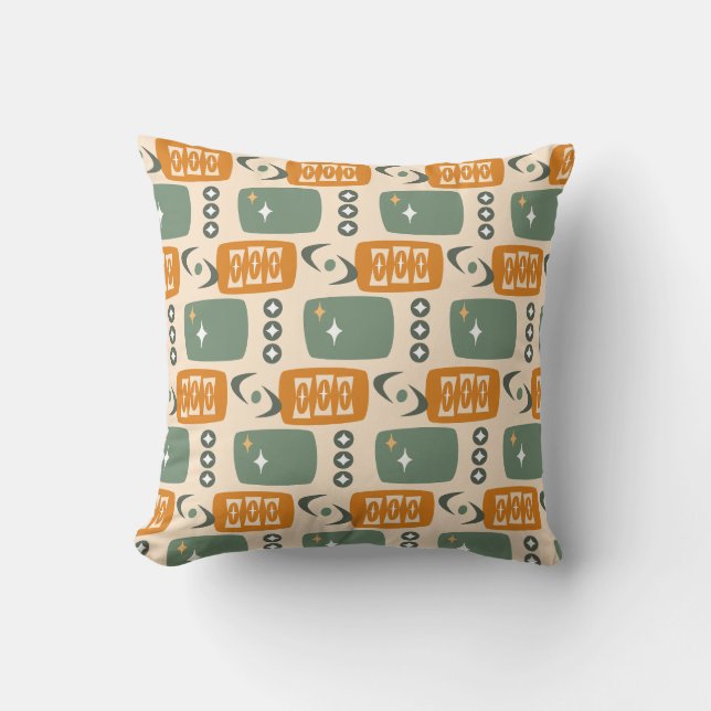 Mid Century Atomic Pattern in Green, Orange, Cream Cushion (Front)