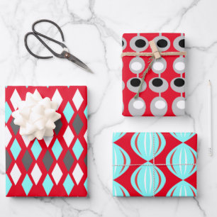 Mid-Century Atomic Patterns on Red Wrapping Paper Sheet