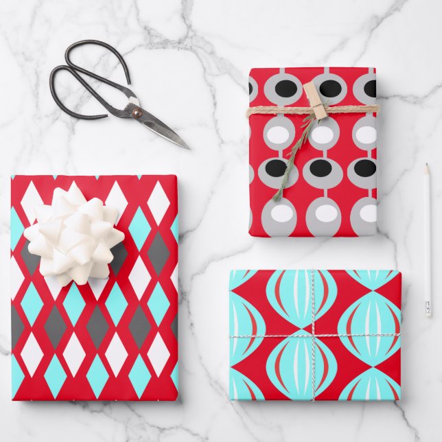 Mid-Century Atomic Patterns on Red Wrapping Paper Sheet (Front)