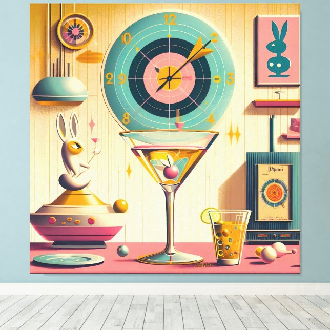 Mid Century Atomic Retro Futuristic Rabbit Martini Canvas Print (Insitu(Wood Floor))
