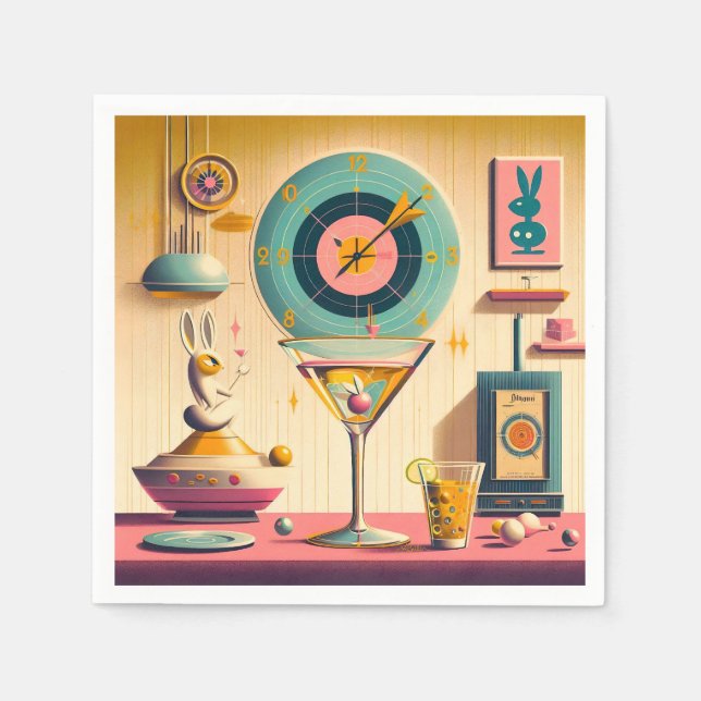 Mid Century Atomic Retro Futuristic Rabbit Martini Napkin (Front)