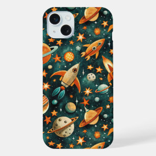 Mid Century Atomic Space Orange Teal Planet iPhone 15 Plus Case