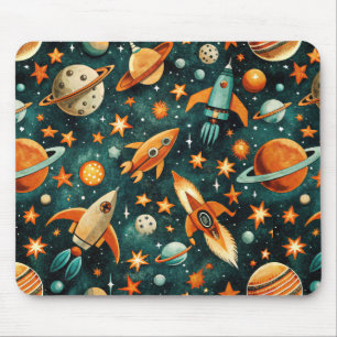 Mid Century Atomic Space Orange Teal Planet Mouse Pad