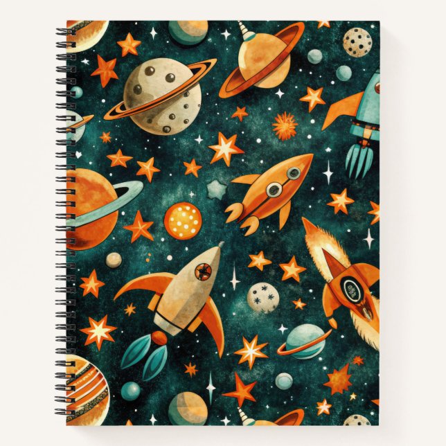 Mid Century Atomic Space Orange Teal Planet Notebook (Front)