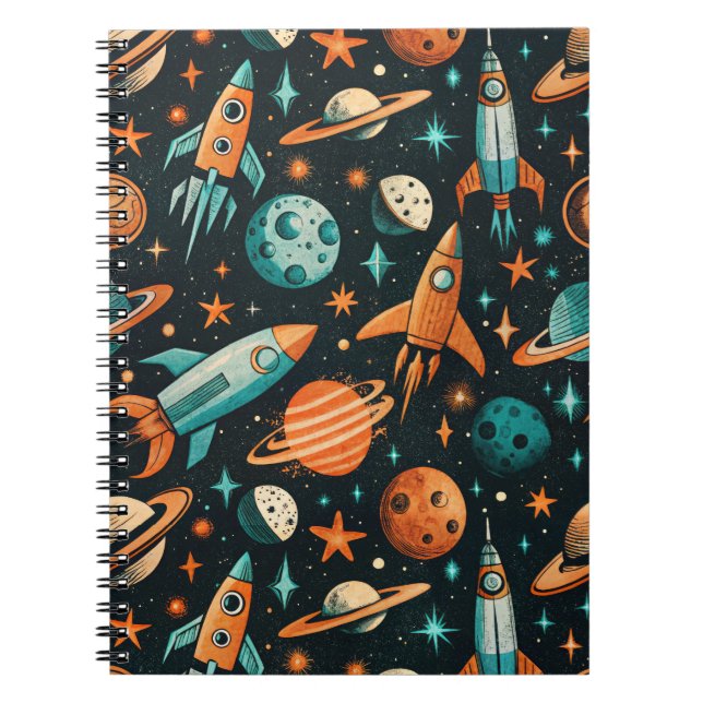 Mid Century Atomic Space Orange Teal Planet Notebook (Front)