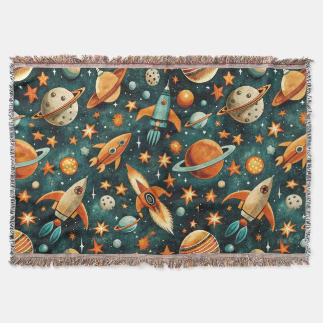 Mid Century Atomic Space Orange Teal Planet Throw Blanket (Front)
