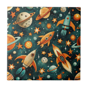 Mid Century Atomic Space Orange Teal Planet Tile