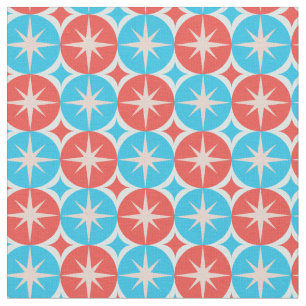 Mid Century Atomic Starbursts on Blue Red Circles Fabric