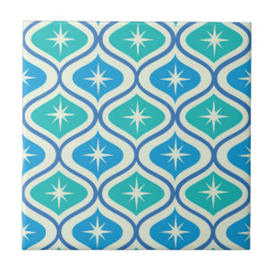Mid Century Atomic Starbursts on Blue Teal Ogee Tile
