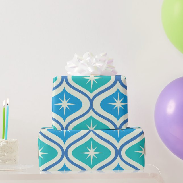 Mid Century Atomic Starbursts on Blue Teal Ogee Wrapping Paper (Party Gifts)