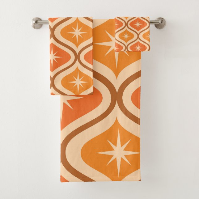Mid Century Atomic Starbursts on Orange  Ogee  Bath Towel Set (Insitu)