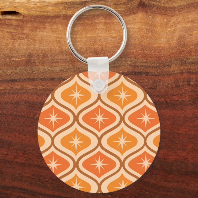 Mid Century Atomic Starbursts on Orange  Ogee  Key Ring (Front)
