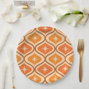 Mid Century Atomic Starbursts on Orange  Ogee  Paper Plate