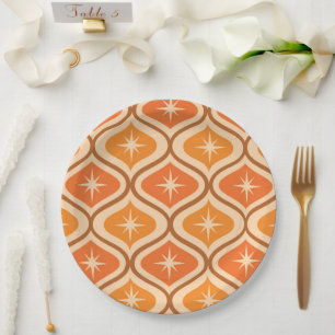 Mid Century Atomic Starbursts on Orange  Ogee  Paper Plate